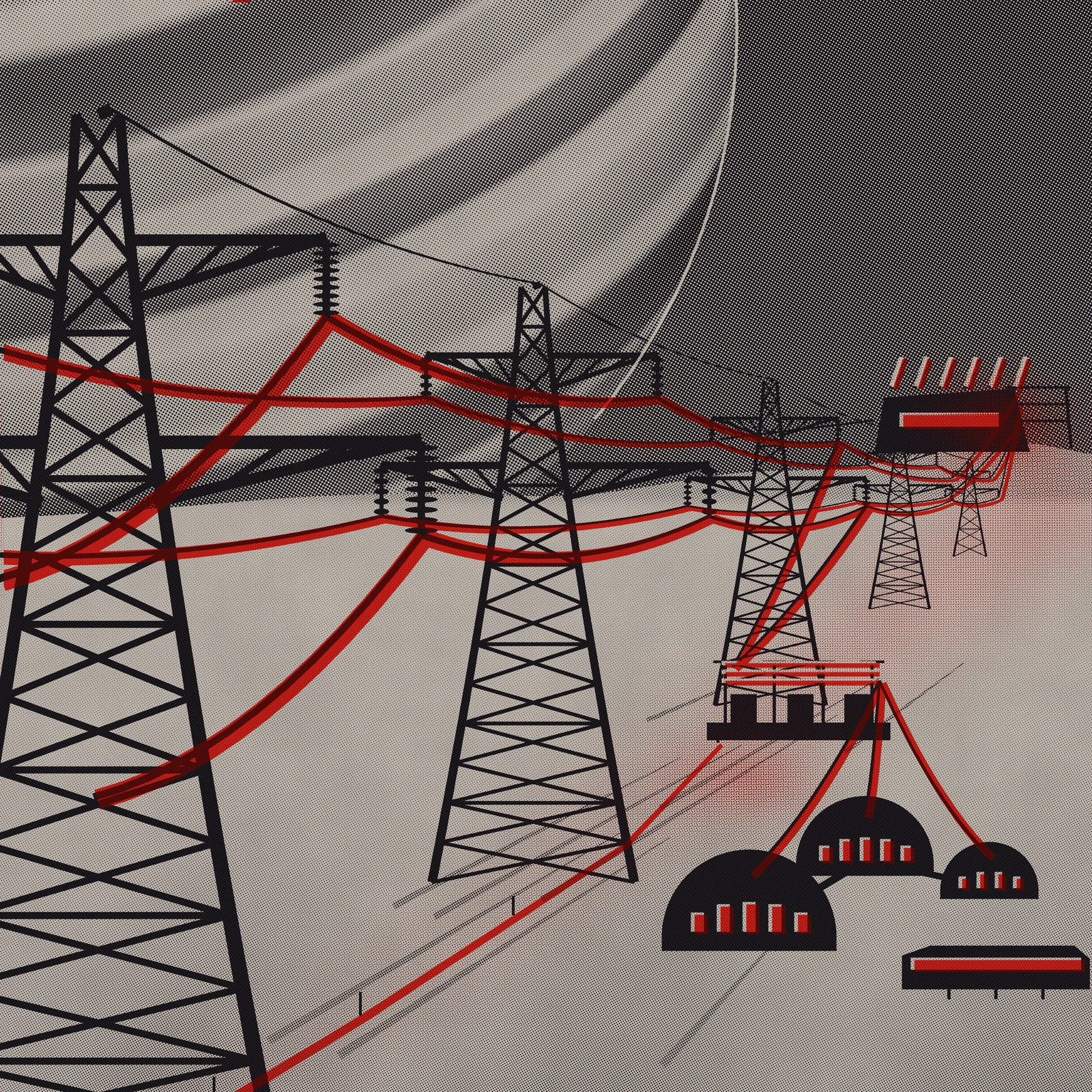 An artistic imagining, not real hardware. A two ink halftone print, black and one red on mid grey stock, of a high voltage transmission line crossing the ice of a gas giant's moon. A huge banded planet fills the upper left of an airless black sky, its curved belts screened in coarse dots and cut off along one limb by a sliver of bare paper like a pasted photograph. The nearest lattice tower is cropped by the left and bottom edges, its cross arms and stacked insulator strings rendered at billboard scale; four more towers shrink away along a diagonal to the right, and four live conductors sag from tower to tower in thick red strokes printed wider than, and offset down and right of, their thin black cores. A thin black shield wire runs above them with no red on it. At the far end a low reactor block sits on a mesa with a glowing red panel and a row of red radiator fins, and a terminal gantry takes the line in. Below, a spur drops into a substation with red busbars, and feeders swing down to three dark domes whose window slits and a long hall's window band glow red, while a buried feeder crosses the foreground as a single red line between marker posts. Everything is halftone dots; there is no text anywhere; nothing shown exists.