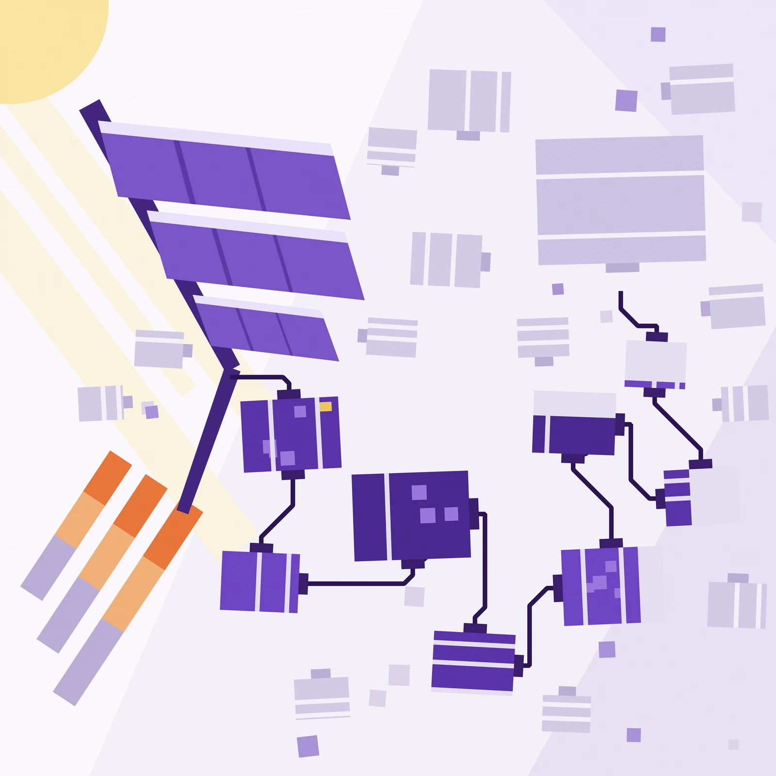An artistic imagining, not real hardware. A pale violet-white square, lit from the top left corner where a quarter of a yellow sun sits and three soft cream shafts of light cross the field. In the upper left is a solar collector wing: three flat violet panels of decreasing size, each with a white sunward edge and two unequal darker division planes, stepping down along a tapered dark violet mast. At the foot of the mast, three long radiator fins angle away to the lower left, orange at their roots and cooling through amber to pale lilac at their tips. One dark violet wire of a single uniform weight, drawn only in horizontal, vertical and forty-five degree runs, leaves the mast and threads across the whole picture without branching, passing in series through eight rectangular archive slabs scattered over the field. The slabs it reached first are filled solid violet, split by pale seams into unequal modules and marked with a few small lighter squares and one gold notch; the slabs later along the wire are only partly filled, the violet front stopping partway across a pale body. Scattered everywhere else are pale unlit slabs and small distant modules the wire has not reached, each with a pale unplugged connector tab. The largest slab in the picture, high on the right, is completely blank, and its connector tab hangs a short visible gap above the tip of the wire, which stops just short of it. No text, no insignia; nothing shown exists.