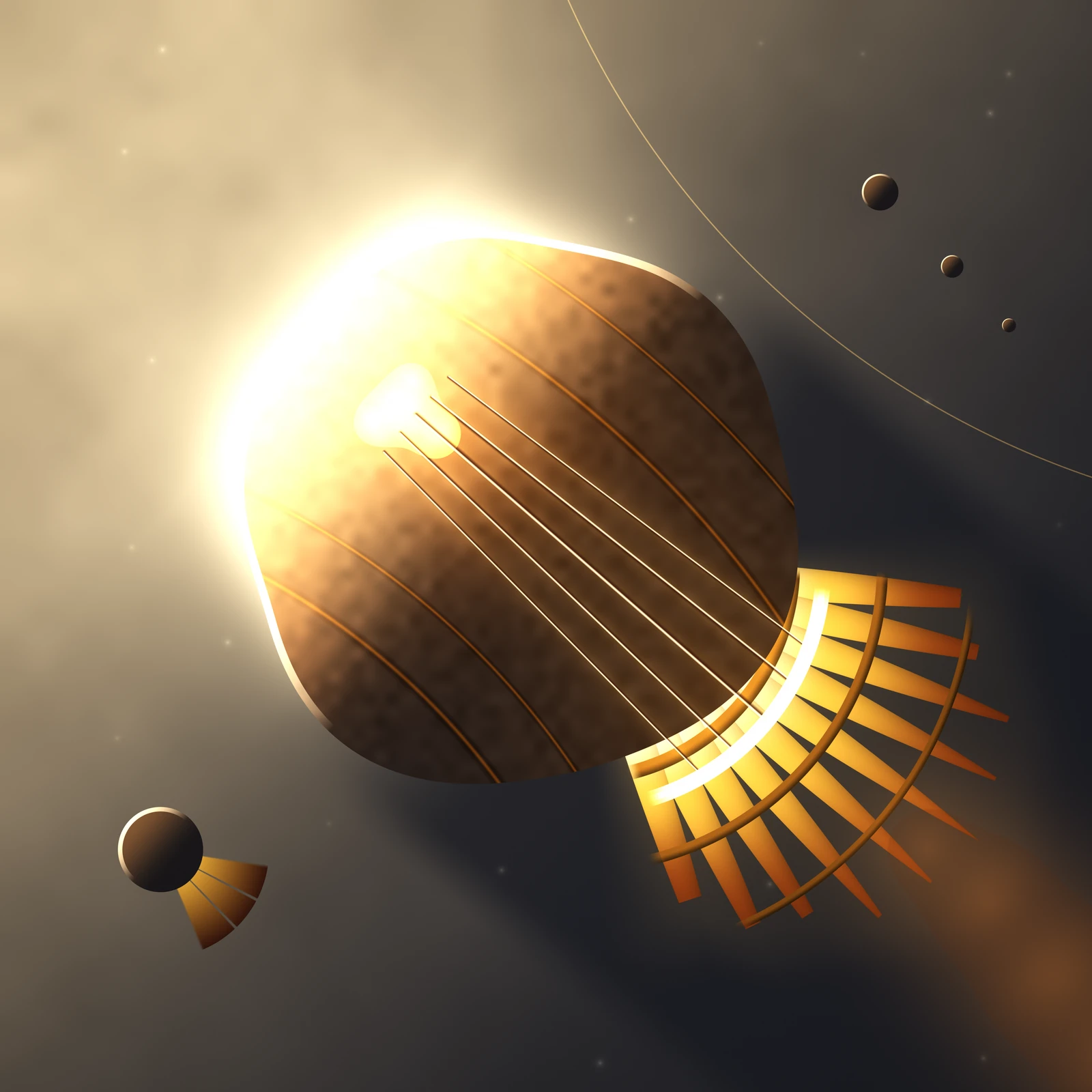 An artistic imagining, not real hardware. A continuous-tone gold and warm-neutral square at mid value. One enormous solar shade fills the centre of the frame: a gently lobed, rounded plate seen nearly face on, its sunward upper-left edge burning as a hard white line with a broad coronal flare blooming past it into the field beyond. The plate's shadowed face is modelled in smooth browns and warm golds, ruled by four long thin panel seams that run diagonally down the body, and carries one bright biomorphic blot high on the left, a collector where the absorbed heat gathers. Five hairline pipes leave that blot as a near-parallel bundle, each rendered as a dark tube with a lit crown, and run down and to the right across the plate to a brilliant curved manifold at its lower-right edge. From behind that manifold a fan of ten tapered radiator vanes sweeps out toward the lower right, white-gold and blazing at their roots and cooling through amber to dull ember at their tips, tied together by three curved spars; the whole fan sits inside a soft cool wedge of the shade's own shadow. A faint warm plume drifts off the vane tips toward the lower-right corner. Three small dark discs with lit crescents float upper right along a single fine hairline arc, and a much smaller sister shade with its own tiny glowing fan floats at lower left. No text, no insignia, no lettering. Nothing shown here exists.