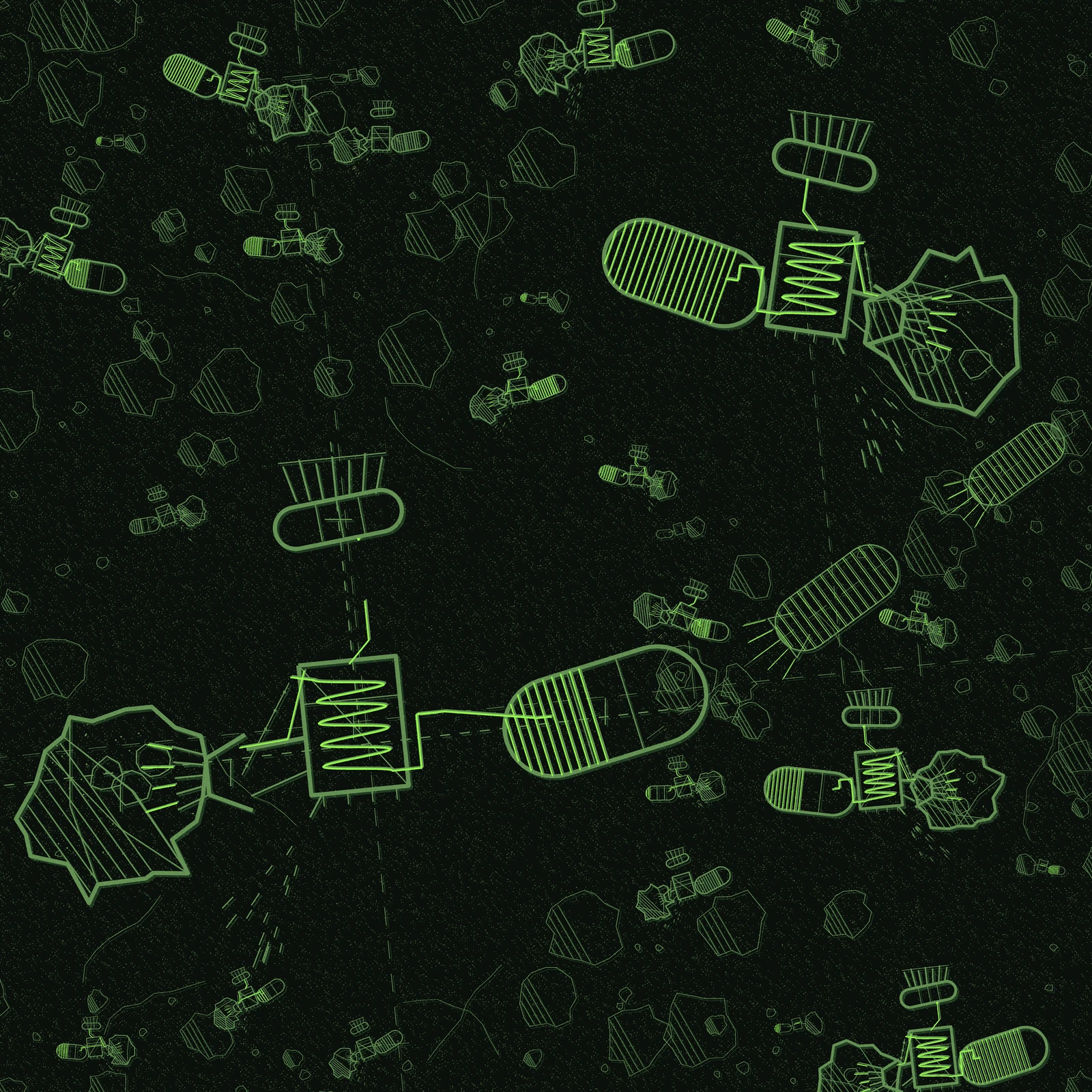 An artistic imagining, not real hardware. A dark, near black page printed in two badly registered green inks in the manner of a degraded photocopy, with toner speckle, dropout, roller banding and stray platen hairs breaking every line. Scattered across the field are about twenty small refinery machines, none of them centred. Each is clamped to an irregular asteroid, biting into it with a toothed cutter head, feeding the cut rock into a boxed cracking still whose wound coil glows in bright acid green, drawing power from a finned reactor drum above, and piping the product into a tilted cylindrical tank that is hatched part of the way along its length like a fuel gauge. Waste rock sprays from a vent on each machine. The largest machine, at lower left, is drawn as an exploded assembly with its rock, cutter, still, reactor and tank pulled apart along dashed centre lines that run off all four edges of the page, and smaller machines tie into those lines. Two filled tanks are under way toward the upper right on their own nozzle plumes. Hundreds of unworked rock outlines recede into the dark behind everything.