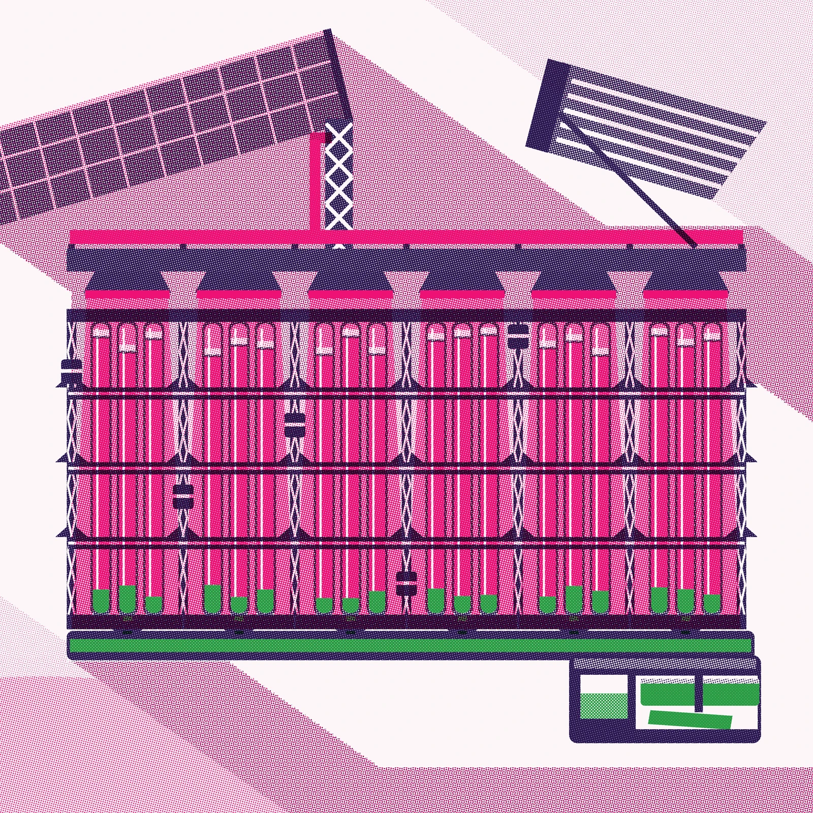 An artistic imagining, not real hardware. A square poster printed entirely as halftone dots in three inks on a pale warm stock: hot magenta, deep violet and a single biomass green. A hard edged band of bare stock crosses the picture from the upper left, the light of an unseen sun, leaving two softly screened corners outside it. Filling the centre is a wide standing bank of eighteen tall glass culture columns, grouped three to a bay across six bays and crossed by four horizontal service decks, so the whole machine sits on one strict orthogonal grid. Each column is a violet walled tube filled almost to the top with dense magenta culture; each carries a narrow bare white specular stripe, each liquid level sits at its own slightly different height, and each column has a plug of settled green biomass banked at its foot. Above the bank runs a bright magenta power bus and a violet lamp rail carrying six downward facing luminaires, and six hard cones of magenta light spread from them across the columns. A long solar wing, subdivided into cells, runs off the top left corner and feeds a braced mast and one hot magenta conductor down into the bus; a tilted slotted radiator plate sits in the shaded upper right corner on a thin boom. Below the bank, a green filled harvest trunk runs the full width and enters a violet press block at the lower right, where a ribbon of green cake is extruded through a cutter and one cut slab lies on the rack beneath it. The whole works throws one long hard edged shadow down and to the right across the field, with thin bands of light leaking through the gaps between the decks. No text, no insignia, no lettering; nothing shown exists.