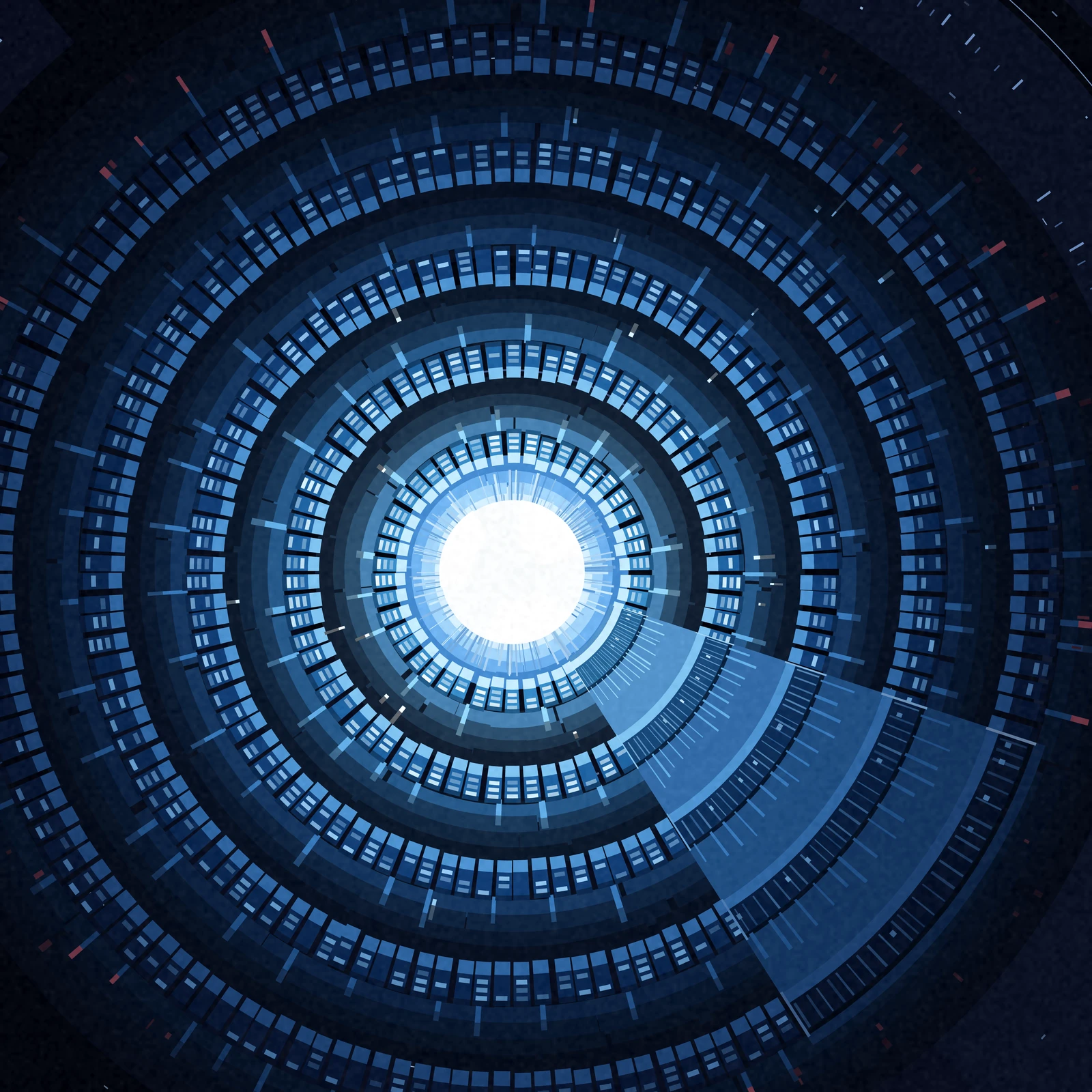 An artistic imagining, not real hardware. A near black indigo square with one blazing white star a little left of centre, wrapped in five nested rings of machinery drawn face on. Each ring is built of hundreds of small flat panels: the edge of every panel that faces the star is a pale lit collector face, and across each panel runs a short row of brighter cells, densest and whitest on the innermost ring and thinning to a few scattered sparks on the outermost. Short radiator fins stand off the outer edge of each ring into the gap beyond it, and each gap is filled with flat stepped bands of glow that are bright cyan close to the star and fall away to deep indigo further out, so the picture cools from white at the centre to abyssal blue at the rim. Beyond the last ring, dull rose coloured dashes drift off into the dark. In the lower right a wedge is cut through the whole nest as a technical section, and inside it the five layers stand stacked as slabs with lit inner faces, ribs and cut radiator stubs, the space between them flooded with the star's light. The dark margins carry pasted fragments of a celestial diagram: thin orbit arcs, graduated tick scales and stars drawn as short arc dashes, all cut from circles about the same centre and glued back very slightly askew. No text, no insignia; nothing shown exists.