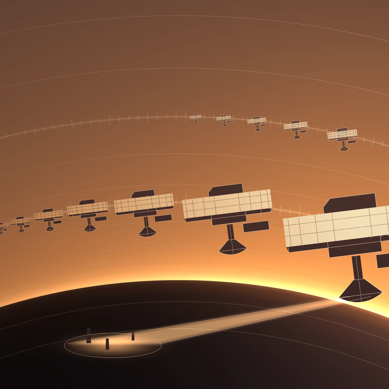 An artistic imagining, not real hardware. A luminous warm orange gradient field, mid in overall value, built entirely of continuous tone: the curved limb of Earth sweeps across the lower third, its night side dropping away into deep umber while a band of sunrise burns white gold along the horizon at the right. Two shallow orbital lanes cross the square as fine ruled arcs, each carrying a graded file of identical solar collectors that shrink into the distance toward the left. Every collector is the same module: a long pale gold photovoltaic wing ruled into a grid of cells, a dark chamfered bus above it, a small offset radiator block, and a short mast ending in a downward transmitting dish. The nearest collector is cropped by the right edge at many times the size of the farthest. From its dish a soft cone of beamed power descends through the horizon glow and lands on a glowing elliptical rectenna field on the dark side, where three small towers stand inside a thin ring. A family of hairline orbit shell arcs, all at one identical line weight, is ruled edge to edge across sky, limb and night ground alike. No text, no insignia, no flat colour anywhere. Nothing depicted exists.
