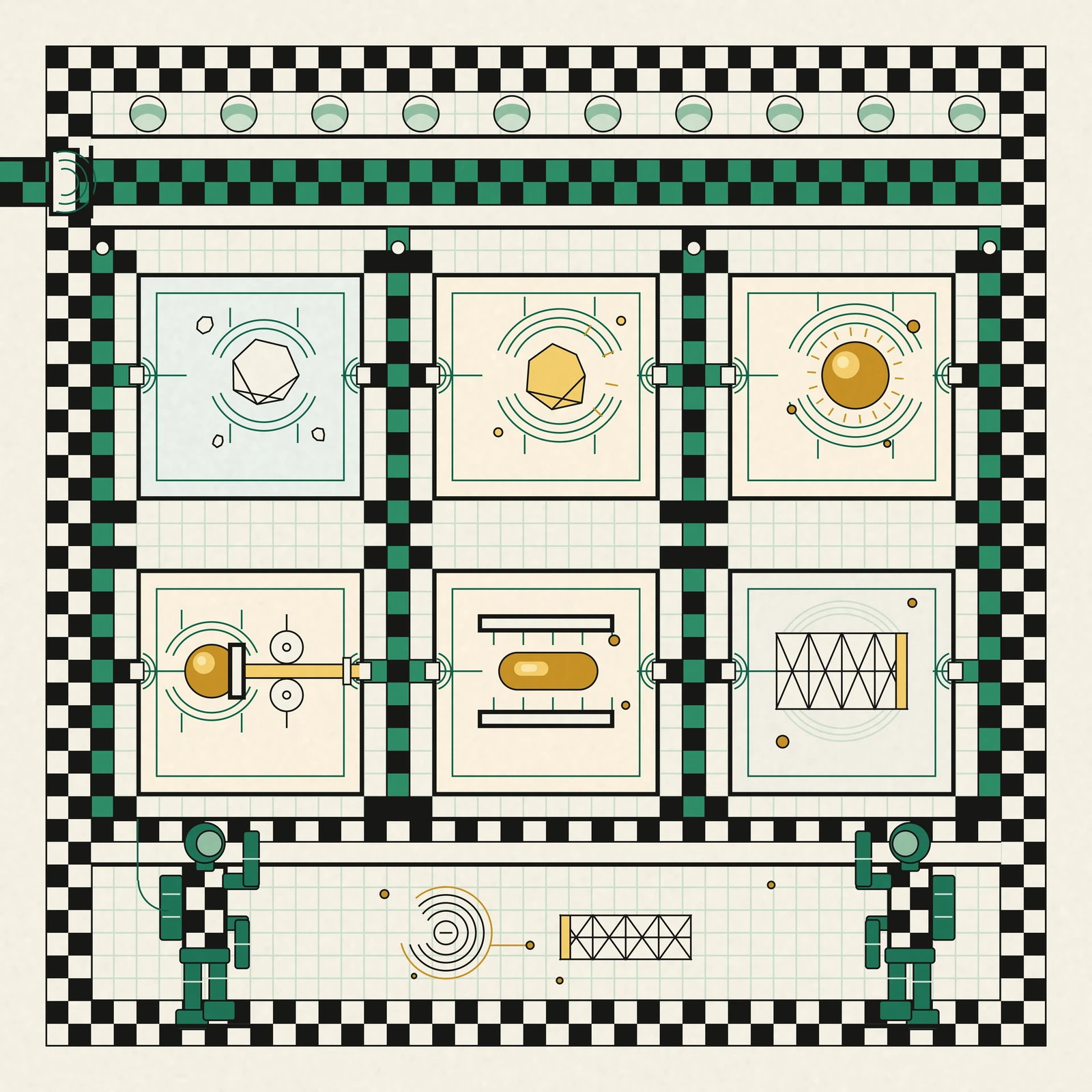 An artistic imagining, not real hardware. Ivory line-work panel in the Vienna Secession manner: a black and green checkerboard border frames a bank of six square furnace cells set in a strict grid. A trunk cable enters from off frame at the left through a bushing and feeds a wide horizontal bus of alternating black and green squares that runs the width of the frame; four vertical risers of the same checkerboard drop from it and send short horizontal taps into each cell, and a black and white return bus closes the circuit along the floor of the bay. Inside the cells, drawn in fine green and black outline, six stages of a melt: a faceted cold scrap, the same scrap glowing, a free-floating gold sphere of molten metal cradled by open coil arcs and ringed with short heat strokes, that sphere drawn through a die into a ribbon between two rollers, a molten slug pressed flat between two field plates, and a finished cross-braced truss with one end still warm. Tiny gold droplets drift loose in every cell. Two suited crew in deep green, their torsos made of checkerboard squares cut from the same lattice as the border, work at the return bus below, boots hooked under a restraint rail, beside a spool of ribbon and a finished truss floating free. A row of viewports along the top shows the limb of a green world. Purely procedural geometry; no text; nothing shown exists.