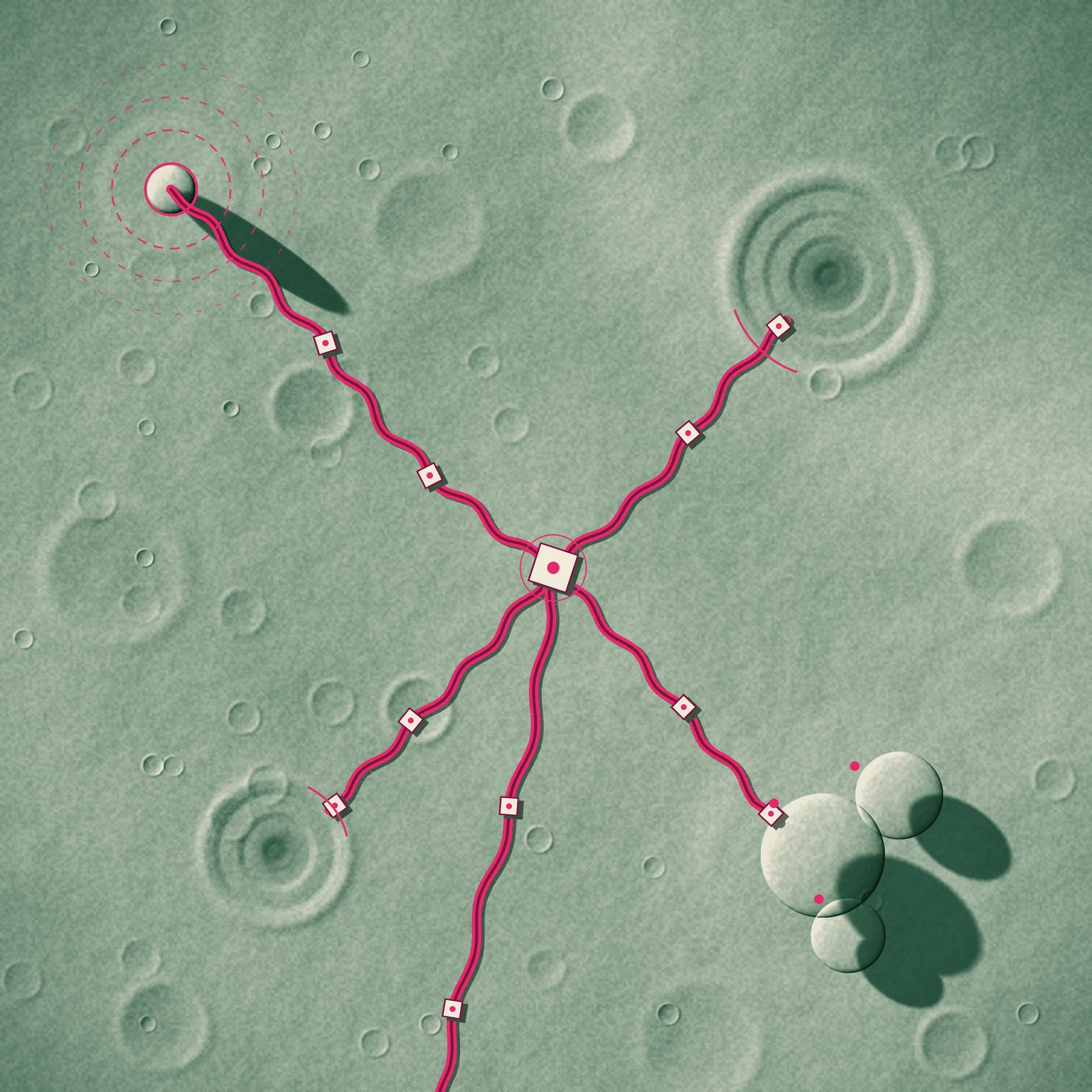 An artistic imagining, not existing hardware: top-down poster view of a lunar surface microgrid in poison green and hot magenta. Airbrushed gray-green regolith with craters and long shadows fills the whole square with no horizon; a magenta power cable snakes from a small reactor ringed by dashed exclusion circles at upper left to a bright junction hub near center, then branches to three shaded habitat domes at lower right, two dark terraced mining pits, and off the bottom edge, with small square junction boxes dotted along the lines like waypoints.