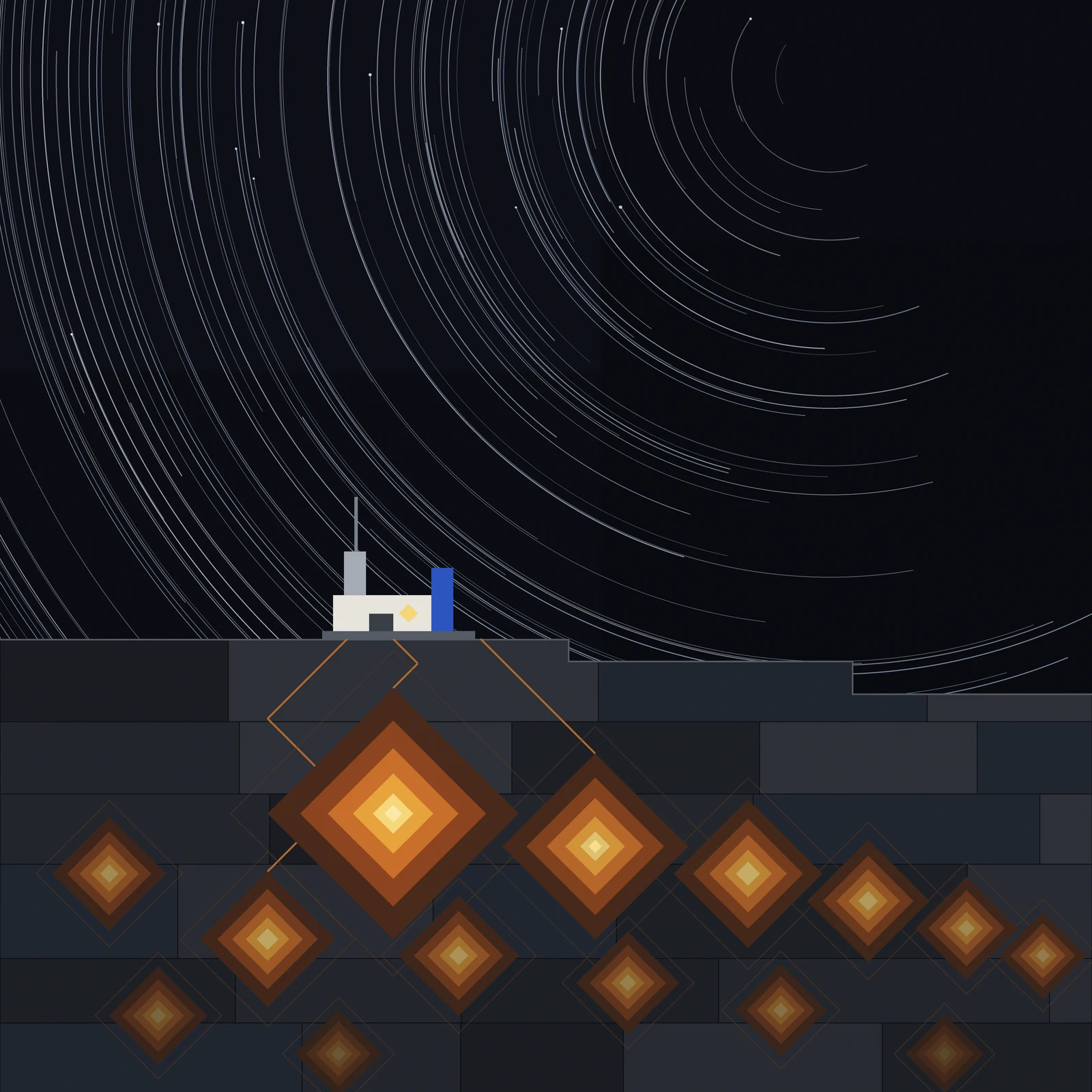 Artistic imagining, not existing hardware: a flat De Stijl style section-cut of a lunar outpost in the fourteen-day night. Thin pale star trails arc across a near-black sky above a stepped gray horizon. Below ground, fourteen glowing diamond-shaped thermal masses in amber and gold sit embedded in cold gray rock strata, dimming from a bright core under a small white-and-blue habitat to a nearly spent ember at the edge, linked to the surface by diagonal heat lines. The habitat's only warmth is one tiny lit diamond window.