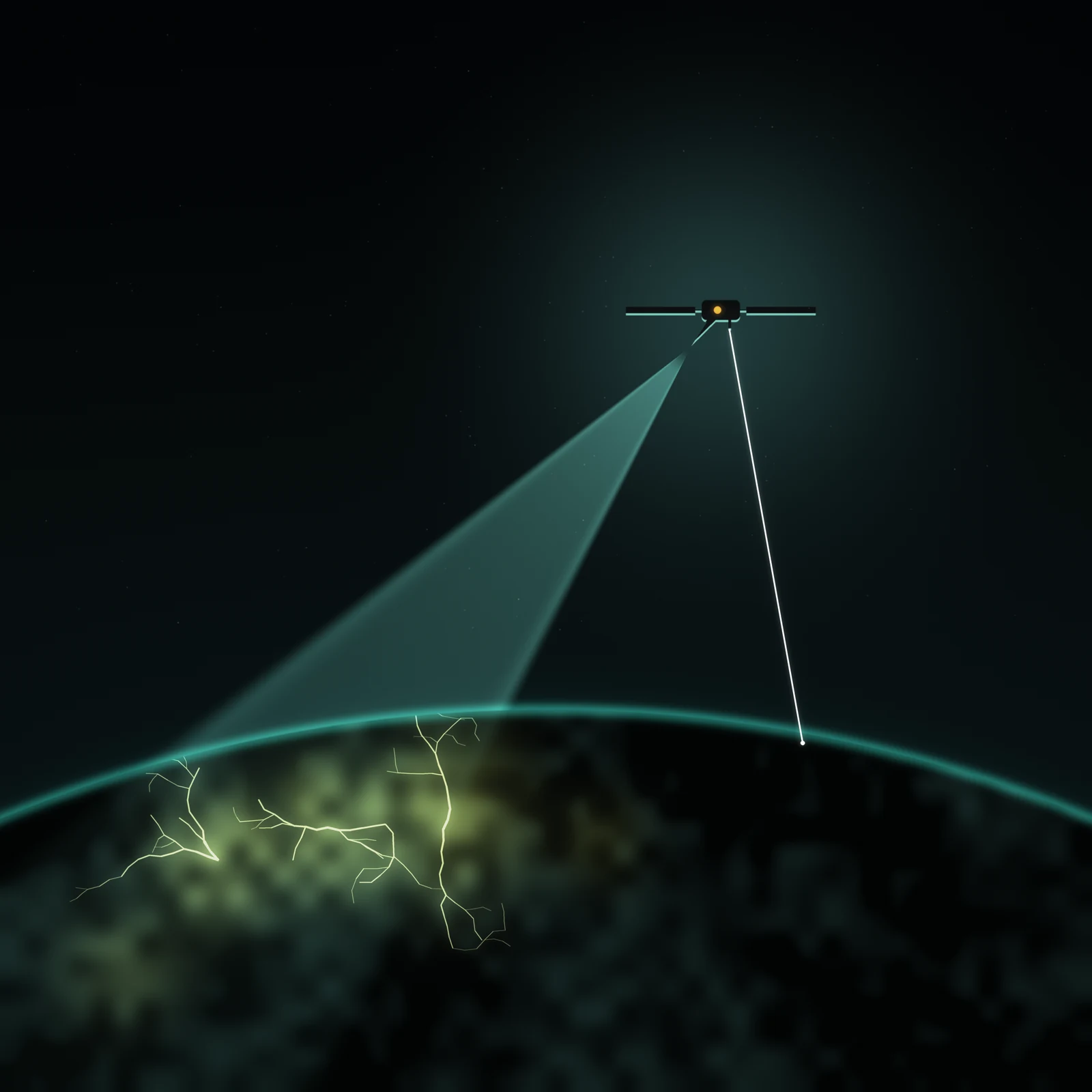 Artistic imagining: a small satellite silhouetted in a soft teal aura above Earth's dark night limb. A wide, faint teal cone of vision spreads from the satellite down over green-lit storm clouds veined with pale sulfur lightning, while one thin pure-white line drops from the satellite to a single bright point on the surface below. Petrol-green night sky with faint stars; a small amber light glows on the satellite body.