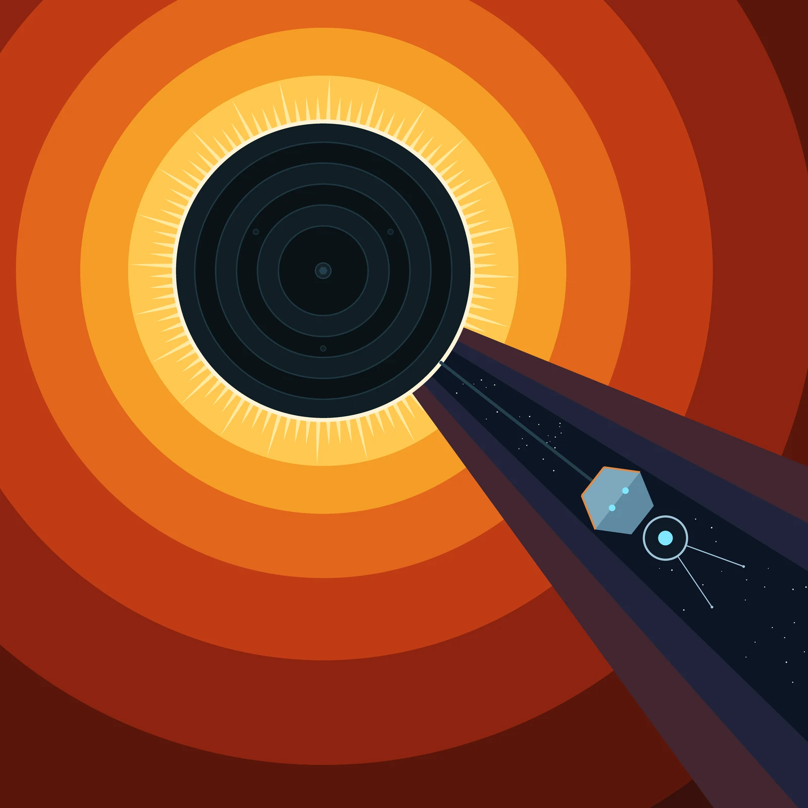 An artistic imagining, not existing hardware: flat poster-style illustration of a black machined sunshade disc eclipsing the Sun, ringed by a blazing cream rim, a corona of fine gold ticks, and broad concentric bands of orange and red radiance. A stepped blue wedge of shadow fans to the lower right, where a small hexagonal probe with a glowing cyan instrument eye hangs behind the shade on a thin strut, faint stars visible only inside the shadow it carries.