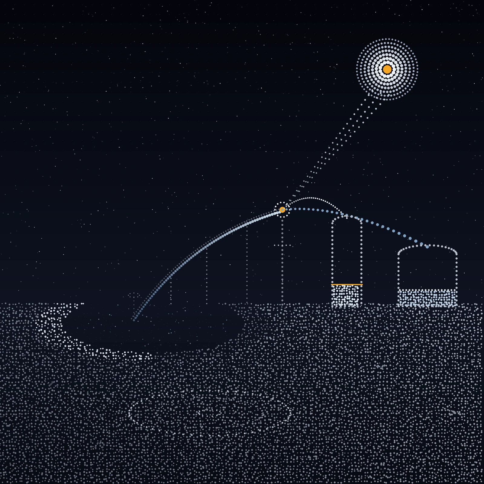 An artistic imagining, not real hardware, rendered as a stippled mosaic of dots in cold blue-grays: on a gray lunar plain under a black star-flecked sky, a chain of pale dots rises from a dark shadowed crater at left toward a small mast, where a dotted beam from a large white dotted sun meets it in a single amber spark; from the mast, two dotted streams arc into a tall tank and a wide tank at right, each only about a quarter full, the taller tank's fill level marked by a thin amber line; in the foreground an empty dotted landing pad waits, its approach path fading into darkness.