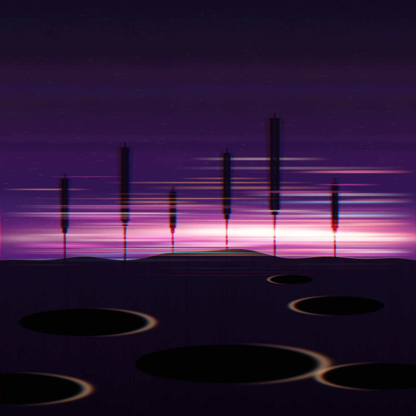 Artistic imagining, not real hardware: a saturated square composition of the lunar south pole. Ghost suns smear sideways in gold, orange, and magenta along a low horizon, like stacked time-lapse exposures under a violet-black sky ribboned with faint horizontal light strata and star trails. Tall thin solar towers stand on the ridge as dark silhouettes, each doubled by faint barely-rotated echoes and crossed by horizontal streaks of light. Below the ridge, squashed crater bowls hold absolute black shadow, their rims flashed with thin horizontal glints.