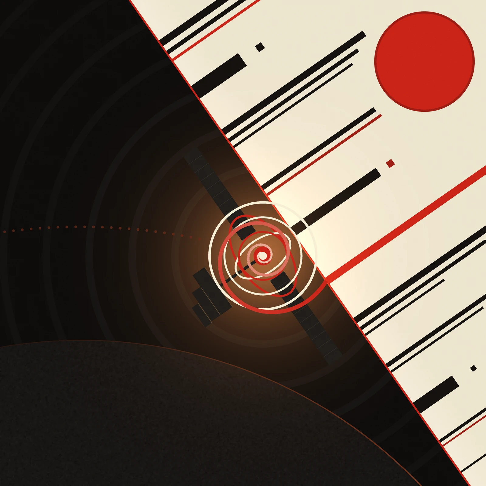Artistic imagining, not real hardware: a constructivist composition split by a red diagonal shadow line. On the cream daylight side, black and red bars of sunlight press against the line beneath a flat red sun disc. Past the line, in a black field above a darkened Earth, a spacecraft built of slab shapes carries a glowing flywheel of nested cream and red rings, and a spiral of light winds across the line into its hub. Dim ember dots trace the orbit onward through the dark.