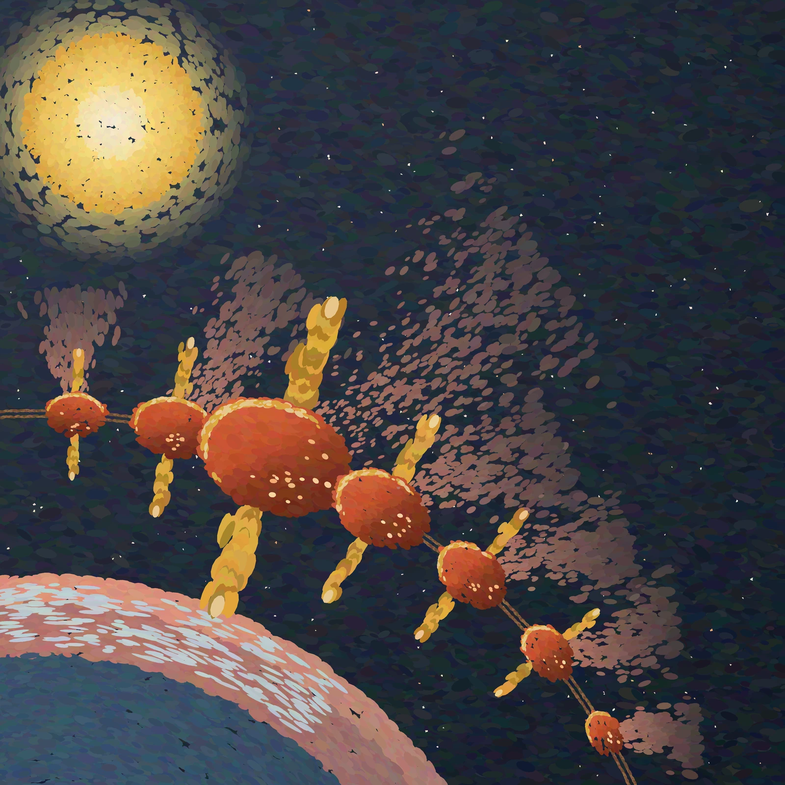 An artistic imagining, not existing hardware: gouache-style painting of a night sky in deep blue-gray dabs. A warm cream-and-butter sun glows at upper left and Earth's slate-blue limb with a rose dusk edge arcs across the lower left. A thin umber orbit line curves from upper left to lower right, threaded with seven coral bead-shaped compute modules with small mustard solar wings; each bead has a gilded sunlit rim and small glowing peach windows on its dark side, and soft rose heat plumes drift from the beads toward the upper right among hand-flecked cream stars.