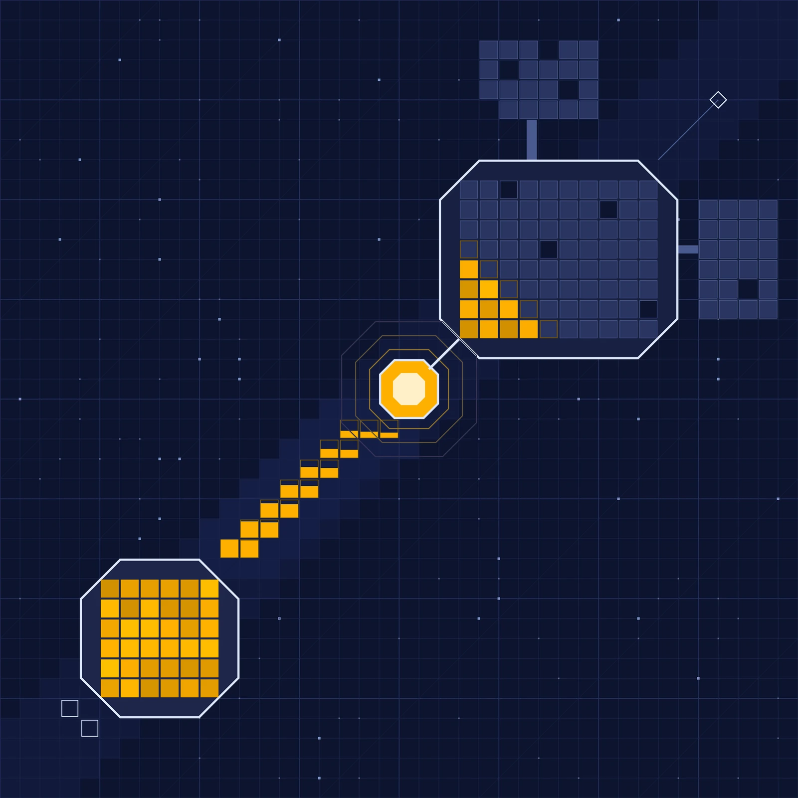 An artistic imagining, not real spacecraft: a flat geometric grid illustration in indigo and amber. A small octagonal robotic servicer with all its grid cells glowing amber sits at lower left; a stepped diagonal umbilical of partly filled squares climbs to a bright docking coupler near center, then into a large faded satellite at upper right whose meter cells are mostly empty, with a few near the dock already refilled.