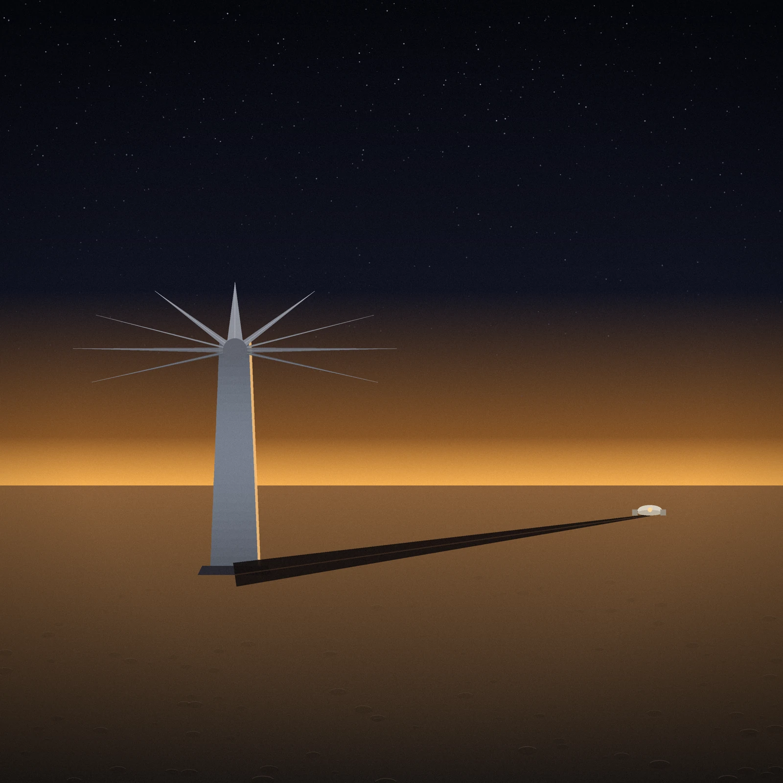 Artistic imagining, not existing hardware, of a fission surface-power reactor standing alone on the lunar plain at dusk: a tall metallic core tower topped by nine radiator fins fanned open like a blossom, casting one impossibly long shadow across cratered regolith that doubles as its power cable, running to a toy-small habitat dome dwarfed on the horizon under a star-flecked, amber-lit sky.