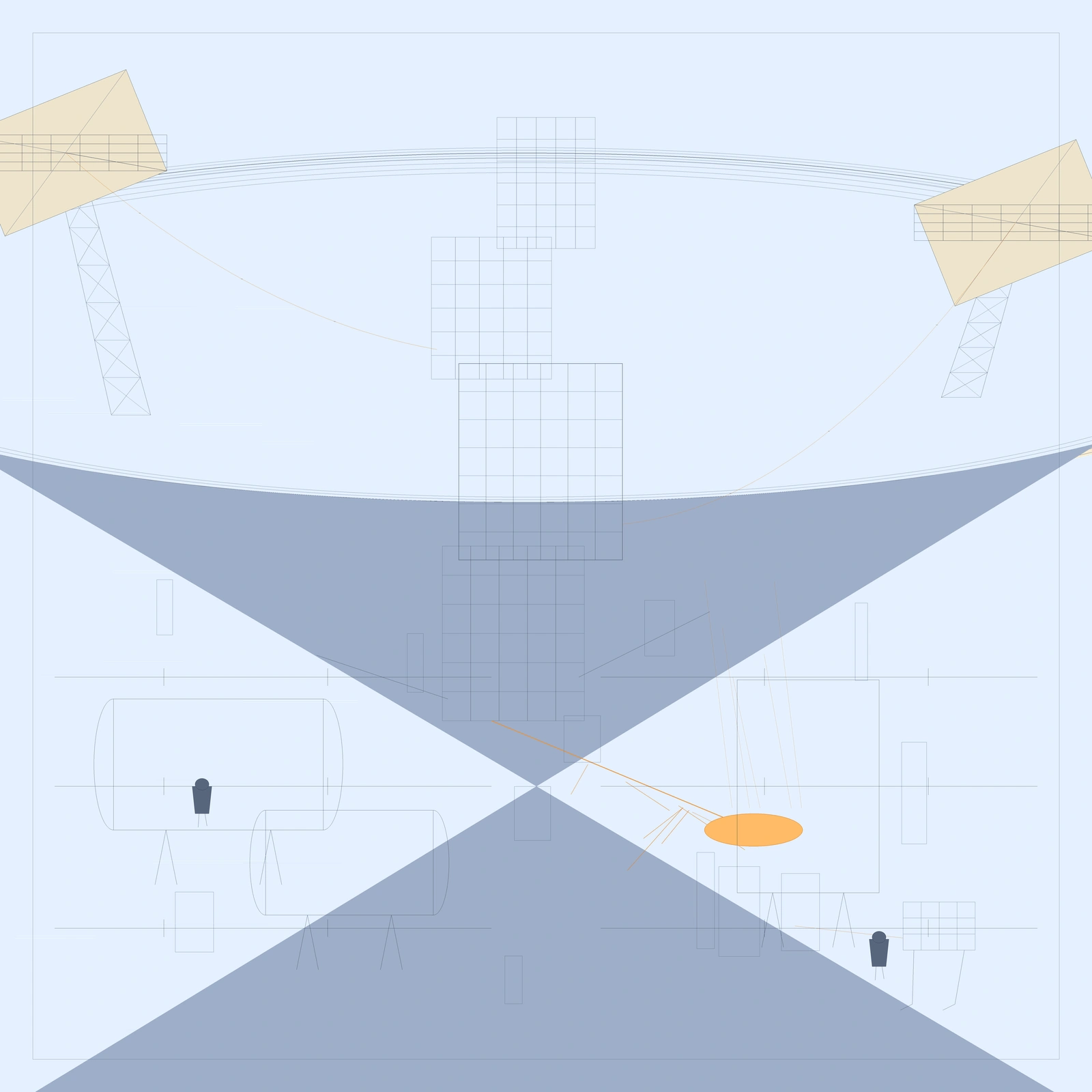 An artistic imagining, not real hardware. A diagrammatic line-work view of a lunar south-pole ice-cracking plant in the shadow of a crater. Two lattice solar masts on the rim send glowing warm power lines down to a tall central electrolyzer stack, and a bright amber crack runs from the stack across the cold floor to a glowing fissure pool. Cryogenic tanks and a small lander stand nearby, with two faceless suited figures for scale. No text or insignia appears.