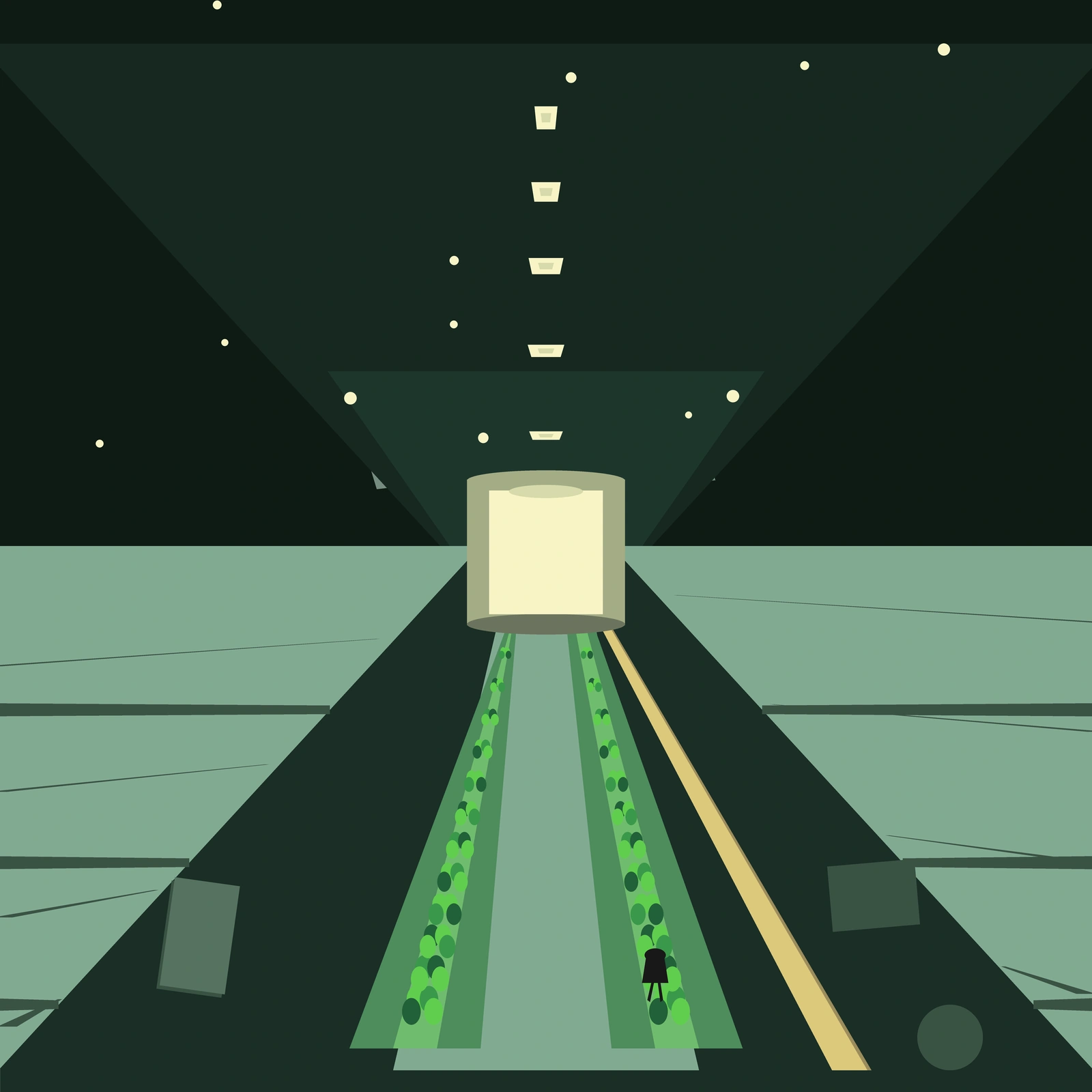 An artistic imagining, not real hardware. A view from the floor of a long hydroponic greenhouse bay on the Moon, looking inward toward a bright cylindrical lamp hub. Two receding channels of geometric green crop cylinders run down the centre, lit by segmented ceiling panels, with a single suited figure standing among the plants for scale and a gold trunk cable running along the right-hand walkway.