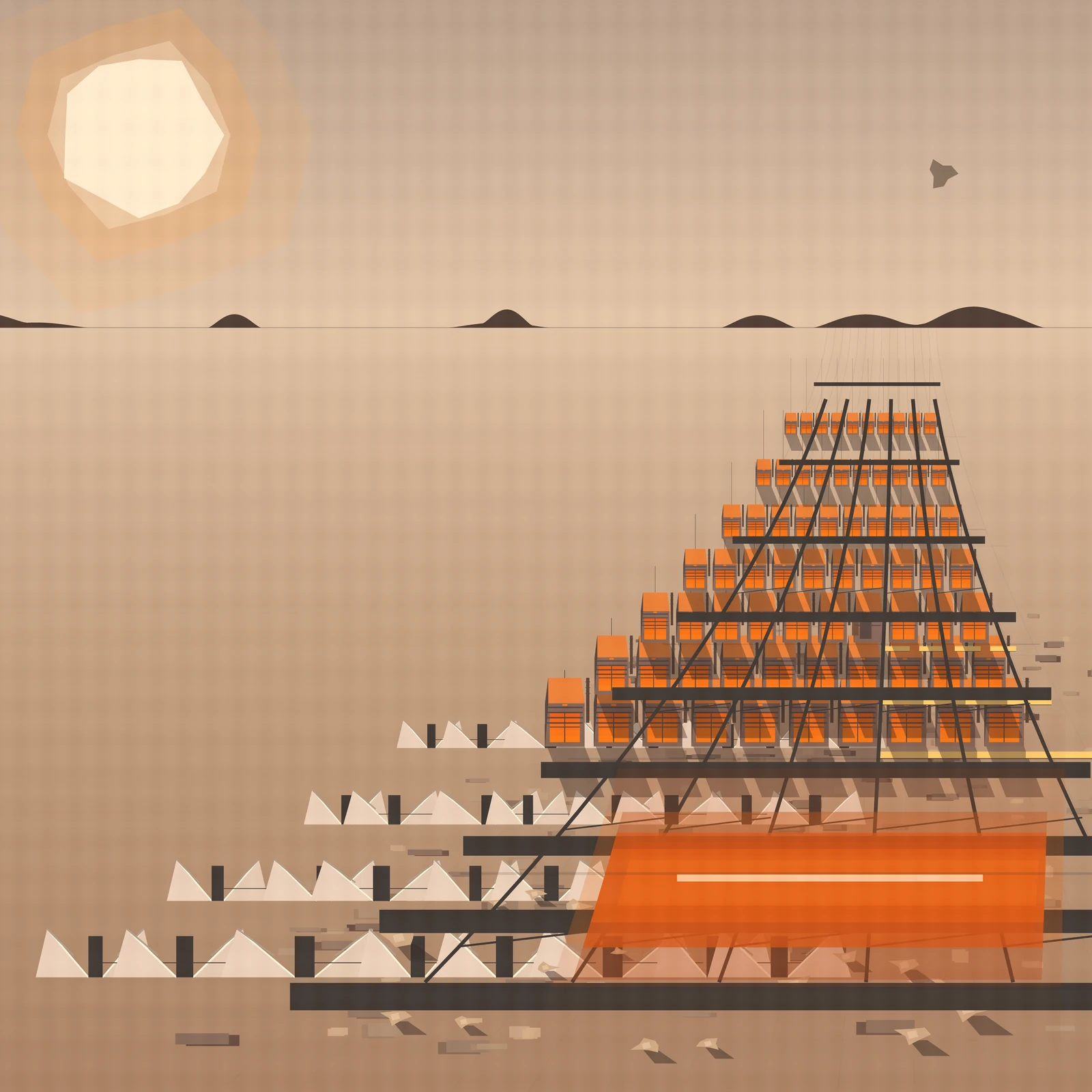 An artistic imagining, not real hardware. A low-horizon view of a solar-thermal foundry on the Martian surface: rows of rectilinear casting cells recede toward a vanishing point at the right, their glowing orange windows showing molten regolith inside, while faceted concentrator troughs on the left focus sunlight onto a long bright melt channel in the foreground. A polygonal sun hangs in the warm sky above a distant crater rim, and small angular rocks litter the rust-red ground. No text or insignia appears.
