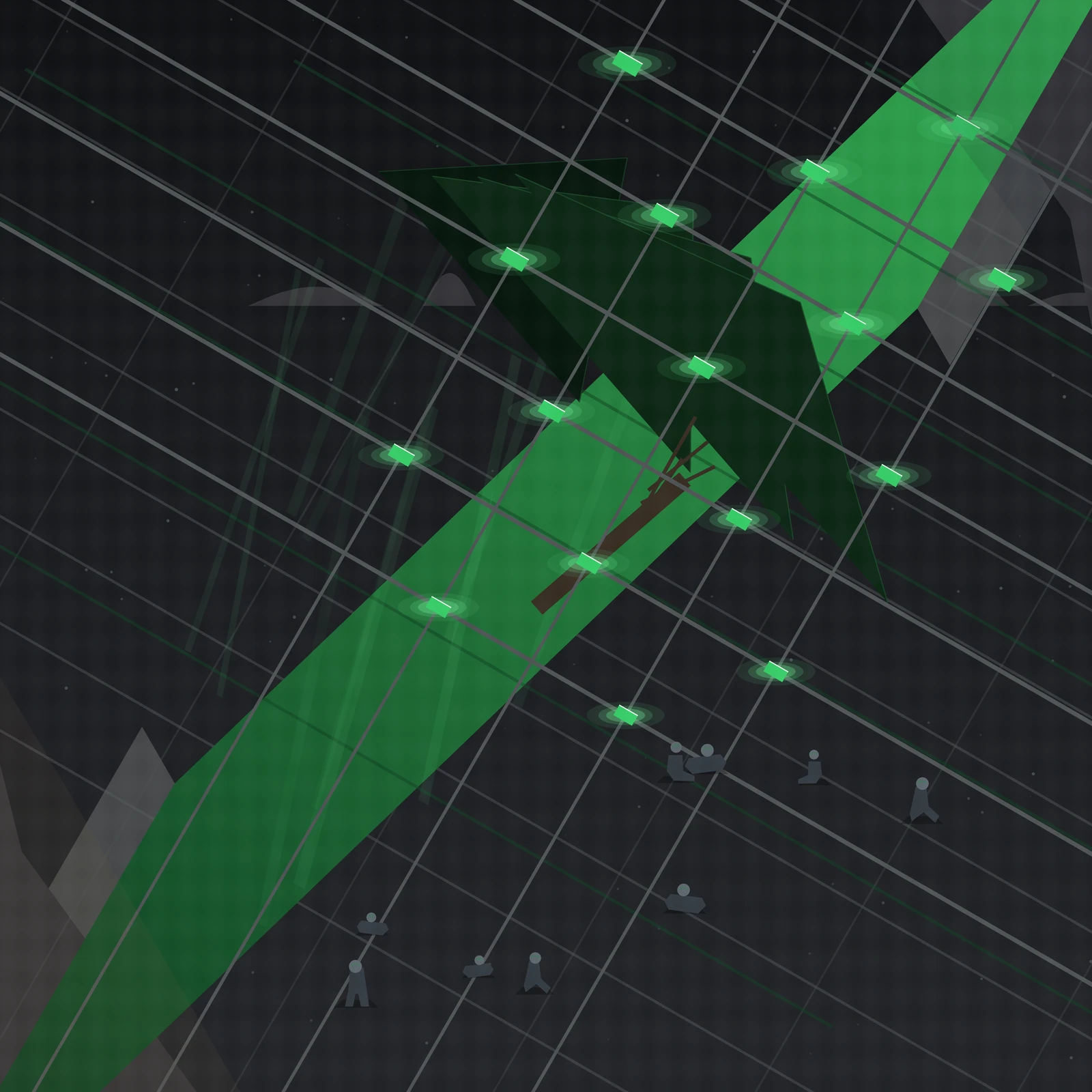 An artistic imagining, not real hardware. A long pressurized park trench on the airless Moon, seen from above at an angle, with a diagonal grid of grow-light panels and trusses overhead and a dark conifer-like tree growing through the grid at a conflicting angle. The trench floor is a band of green grass between grey walkway seams, with small faceless suited figures sitting, standing and walking along it. The lunar surface and starfield are visible beyond the trench mouth. No text or insignia appears.