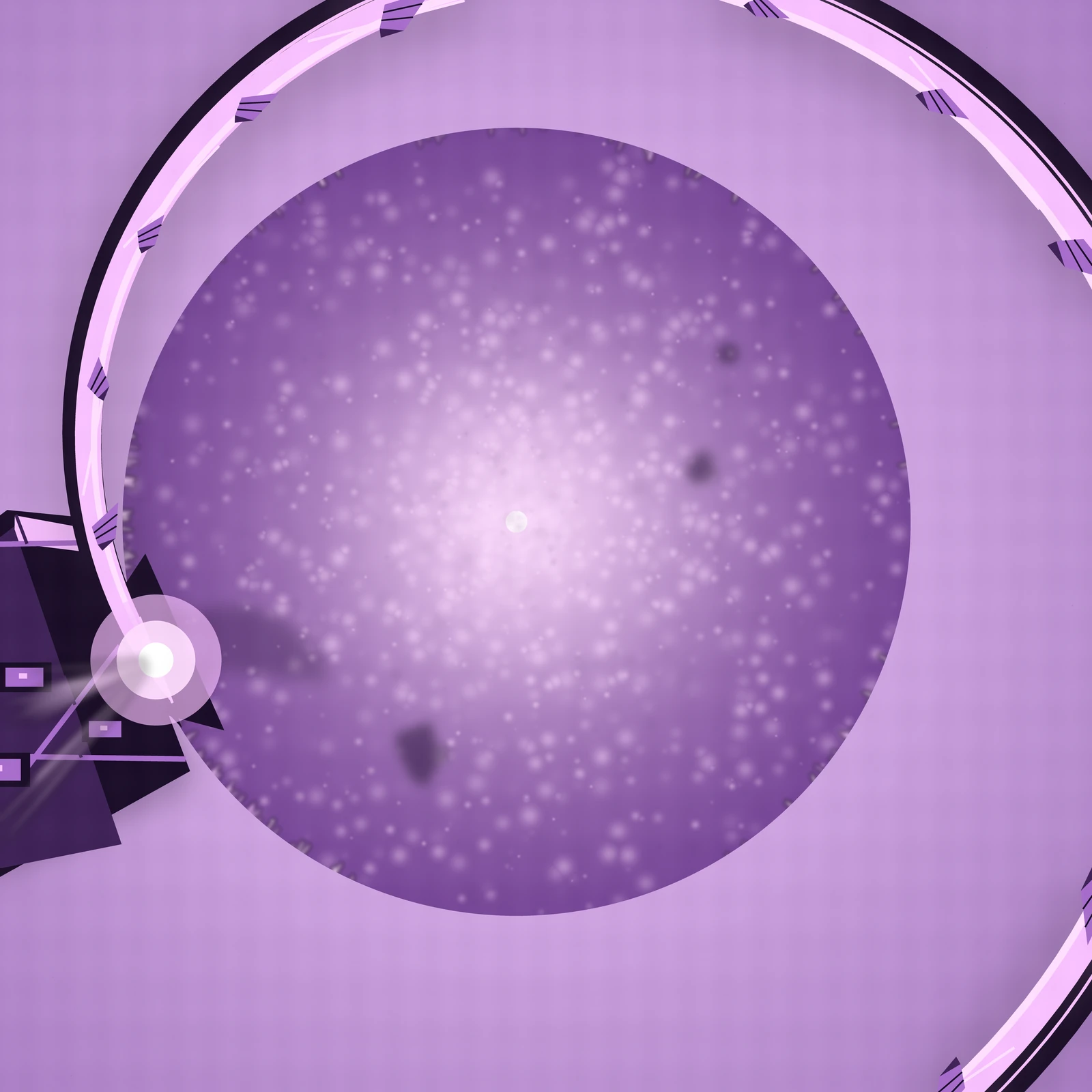 An artistic imagining, not real hardware, and fully speculative. A violet star fills most of the frame, seen from above one of its poles, with a bright luminous spiral of stellar matter climbing from the photosphere toward a heavy ring station at the limb. A partial Dyson swarm of collector petals orbits at increasing radii, each petal a thin violet-white crescent catching the star's light, and the background is a tinted light violet ground rather than black space. The whole scene is rendered in one continuous violet-to-white scale with no second accent hue.