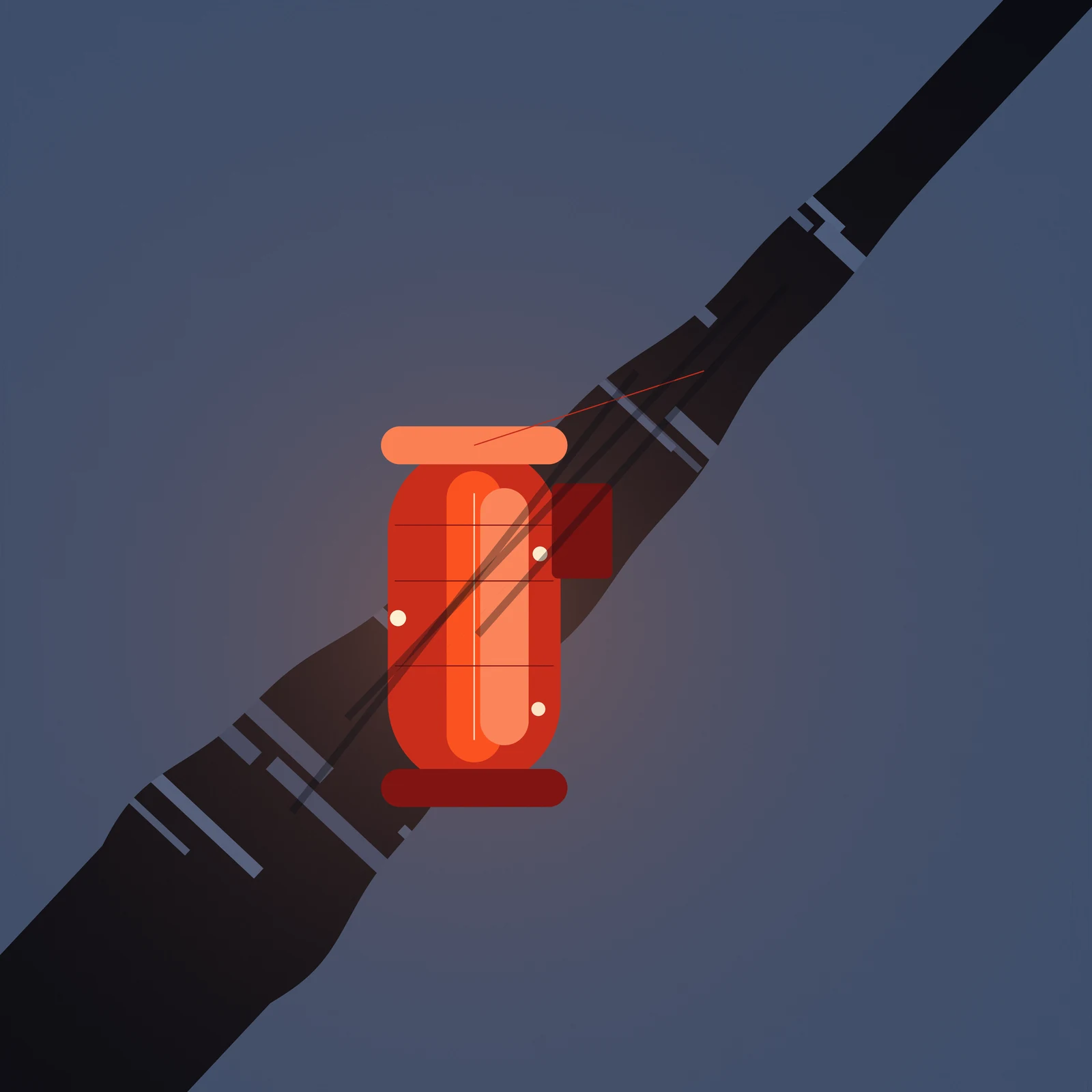 An artistic imagining, not real hardware. A diagonal dark crevasse cuts through blue ice from the lower left to the upper right of the frame. A red, glowing cylindrical reactor core hangs on a cable inside the crack, its hot core and bright ports lighting the nearest ice walls with a warm red tint. Fine strata, scratches and a halftone screen cover the ice, and the torn edge of the picture is visible along one side. No text or insignia appears.