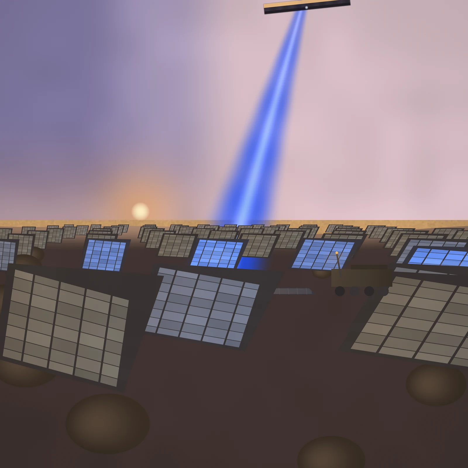An artistic imagining, not real hardware. A broad blue column of light comes down from a long dark platform cropped at the top edge of the frame and lands on a ranked field of receiver panels standing on an ochre lunar plain. The panel faces inside the blue swath ring alight blue, long warm shadows from a low sun at the left horizon rake across the ground, and one panel lies tipped face down with a small crawler stopped beside it. No text or insignia appears.