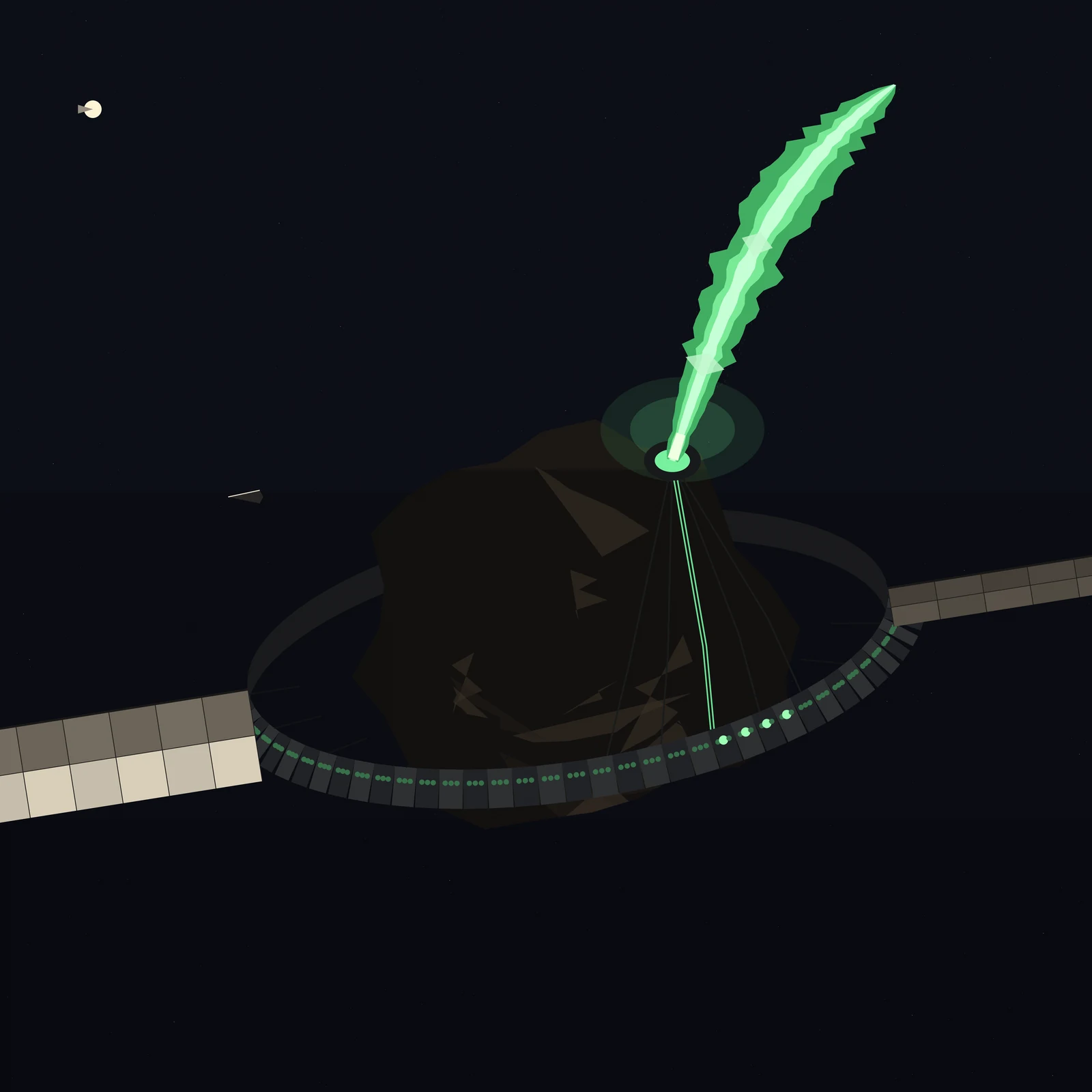 An artistic imagining, not real hardware. A lumpy dark comet nucleus hanging in deep space, girdled around its equator by a segmented ring of machinery whose modules carry small green lights, with one cluster of modules burning brighter than the rest. Two gridded mirror wings stretch out from the ring to the left and right, and thin heat pipes run up the comet's shoulder to a vent at its pole, where a torn, feather-edged jet of bright green gas streams upward, the waste heat of the computers shedding the comet's own ice. A small service craft floats nearby for scale and a tiny hard sun shines far in the upper left.