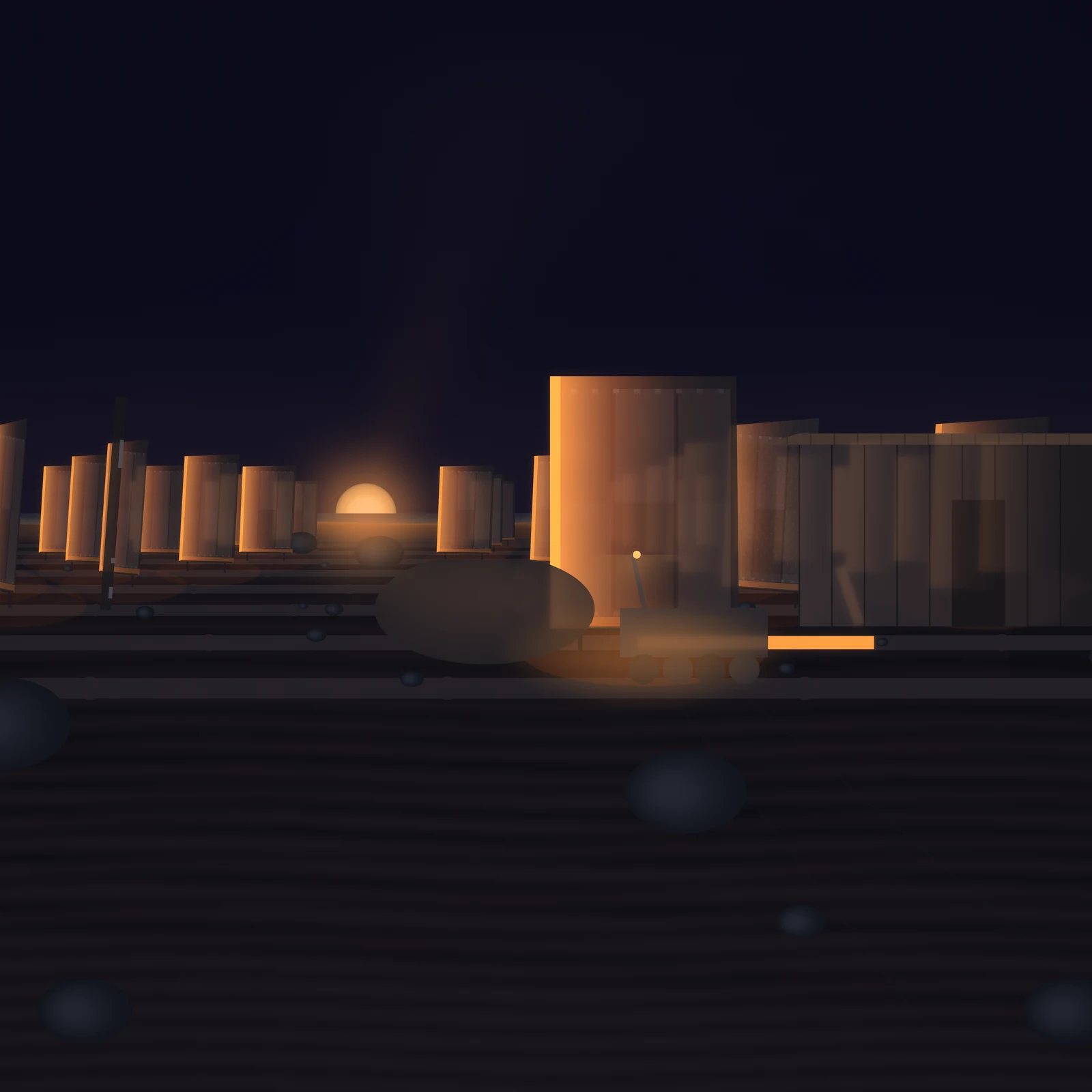 An artistic imagining, not real hardware. A frost plain on Mercury at dawn, with half of the risen sun cresting a scarp through a gap in the ranks of a vast waste-heat radiator farm. The nearest fins stand turned edge-on to the light as dark frost-rimed blades, the middle ranks are caught mid-turn, and the far ranks glow warm orange at their roots while their tips have gone dark. One fin still faces the sun and blazes, standing beside a low machine hall with a small service crawler and one worklamp at its base, and a short run of header pipe burns bright where the blazing fin's heat pours through. Thin frost smoke drifts low over the ground. No text or insignia appears.