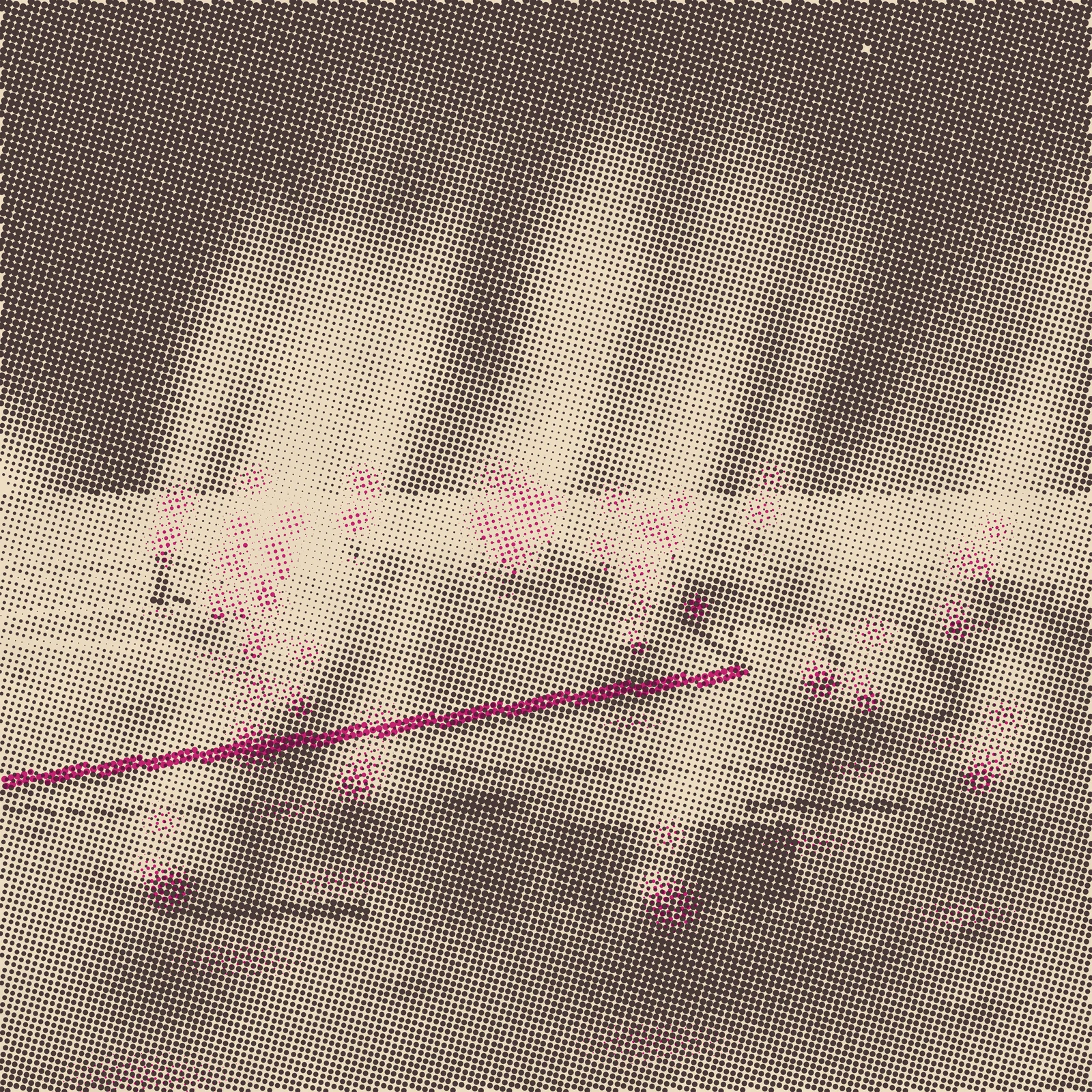 An artistic imagining, not real hardware. A halftone-printed harvest field of heater vents boiling a comet nucleus for water, pale vapor jets all leaning one way above a thin magenta pipe line that runs from the left edge to one landed tanker; near the bottom a single capped vent sits cold with a small crawler parked beside it, the only collar not throwing steam. No text or insignia appears.
